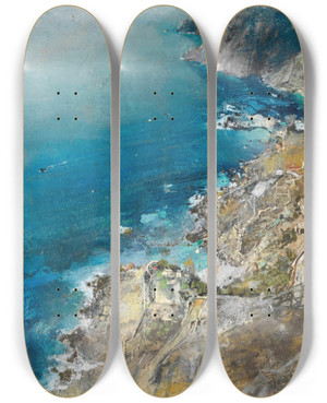 Triptych art skateboard deck of Giuseppe Casciaro Cliffs Ischia by Giuseppe Casciaro (1861-1945)