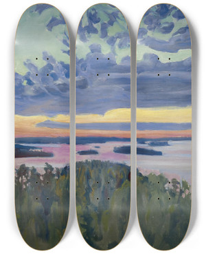 Triptych art skateboard deck of Akseli Gallenkallela View Over A Lake At Sunset by Akseli Gallen Kallela (1865-1931)