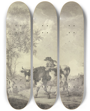Triptych art skateboard deck of Bernhard Hendrik Thier Ein Bauer Bei Seiner Kuh Stehend Verfolgt Den Kampf Zweier Ziegenbcke by Bernhard Hendrik Thier (1743-1811)