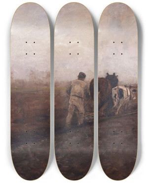 Triptych art skateboard deck of Theodoor Verstraete Plowing The Field by Theodoor Verstraete (1850-1907)