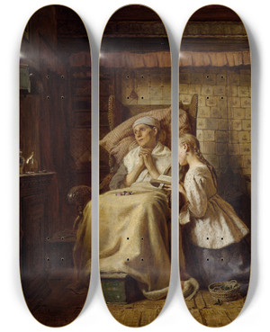 Triptych art skateboard deck of Ferdinand Fagerlin The Convalescent by Ferdinand Fagerlin (1825-1907)