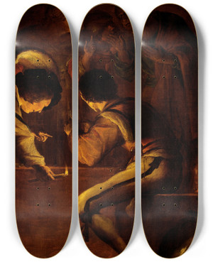 Triptych art skateboard deck of Leonaert Bramer St Peters Denial by Leonaert Bramer (1596-1674)