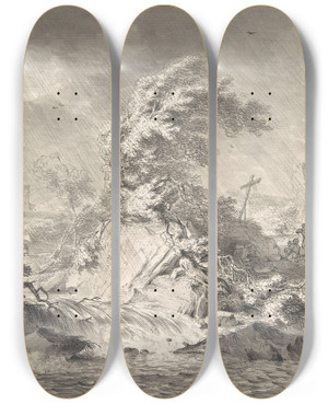 Triptych art skateboard deck of Hendrik Meijer Stormy Landscape by Hendrik Meijer (1744-1793)