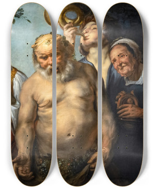Triptych art skateboard deck of Jacob Jordaens Silenus And The Four Seasons by Jacob Jordaens (1593-1678)