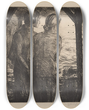 Triptych art skateboard deck of Albert Sterner Watchers by Albert Sterner (1863-1946)
