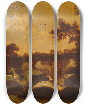 Triptych art skateboard deck of Dirck Wijntrack A Buzzard Attacks Two Ducks by Dirck Wijntrack (1615-1678)