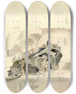 Triptych art skateboard deck of Pieter Van Loon Binnenvaartschip Aan De Kade Bij Een Brug Utrecht by Pieter Van Loon (1801-1873)