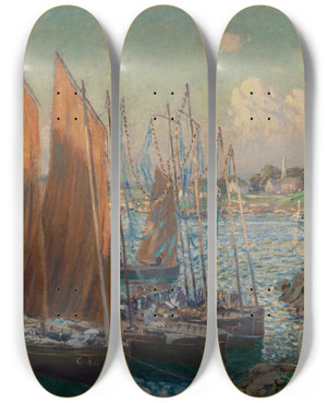 Triptych art skateboard deck of Wilson Henry Irvine Summer Day At The Harbor by Wilson Henry Irvine (1869-1936)