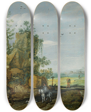 Triptych art skateboard deck of Esaias Van De Velde A Rocky Landscape With Travellers And A Horseman On A Path A View Of A Town In The Distance by Esaias van de Velde (1587-1630)