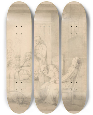 Triptych art skateboard deck of Alexander Hugo Bakker Korff Scne Uit Een Middeleeuws Verhaal Rouwdienst Bij Het In Het Huis Opgebaarde Lichaam by Alexander Hugo Bakker Korff (1824-1882)