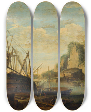 Triptych art skateboard deck of Salvator Rosa A Mediterranean Coastal Landscape With A Ship by Salvator Rosa (1615-1673)