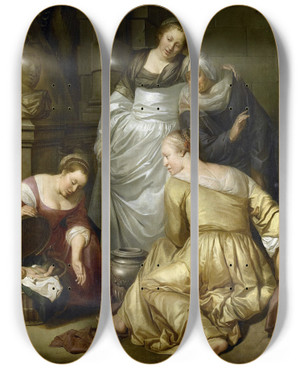 Triptych art skateboard deck of Hendrick Heerschop Erichthonius Found By The Daughters Of Cecrops by Hendrick Heerschop (1626-1690)