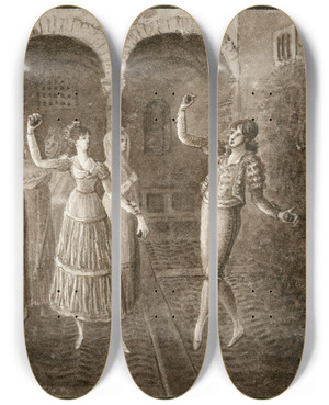 Triptych art skateboard deck of Otto Howen Spaanse Dansers_3 by Otto Howen (1774-1848)