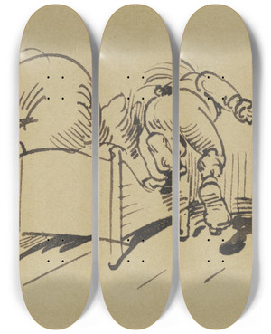 Triptych art skateboard deck of Wilhelm Busch Mit Khnem Mut Aus Seinem Bett Schwingt Sich Der Turner Hoppenstedt by Wilhelm Busch (1832-1908)