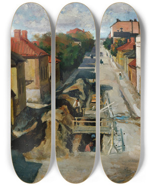 Triptych art skateboard deck of Akseli Gallenkallela View From Fredrikinkatu by Akseli Gallen Kallela (1865-1931)