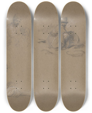 Triptych art skateboard deck of Wilhelm Amandus Beer Studienblatt Dre Sitzende Mnner by Wilhelm Amandus Beer (1837-1907)