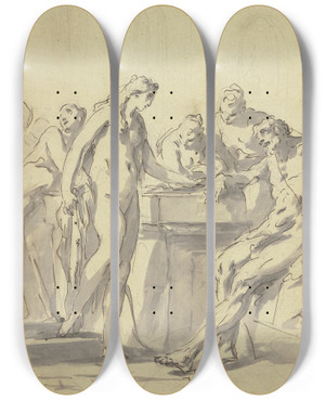 Triptych art skateboard deck of Gaspare Diziani Hercules And Omphale_2 by Gaspare Diziani (1689-1767)