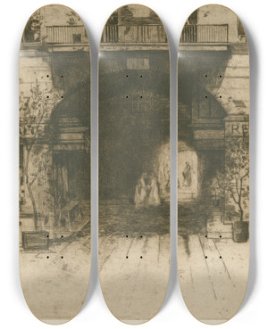 Triptych art skateboard deck of David Young Cameron Restaurant Cavalier by David Young Cameron (1865-1945)