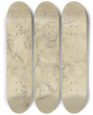 Triptych art skateboard deck of Jakob Becker Grove On A Slope by Jakob Becker (1810-1872)