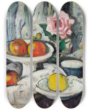 Triptych art skateboard deck of George Leslie Hunter Apples In A White Fruitbowl And A Pink Rose In A Vase by George Leslie Hunter (1879-1931)
