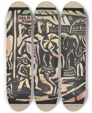 Triptych art skateboard deck of Wacaw Wsowicz Cyrk_1 by Waclaw Wasowicz (1891-1942)
