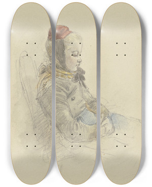 Triptych art skateboard deck of Jakob Frchtegott Dielmann Mdchen Mit Niedergeschlagenem Blick Auf Einem Stuhl Sitzend Nach Rechts by Jakob Furchtegott Dielmann (1809-1885)