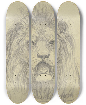 Triptych art skateboard deck of Johann Heinrich Hasselhorst Lions Head by Johann Heinrich Hasselhorst (1825-1904)