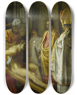 Triptych art skateboard deck of Adam Elsheimer The Testing Of The Cross by Adam Elsheimer (1578-1610)
