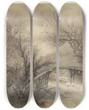 Triptych art skateboard deck of Wang Gai Album Of Landscapes Leaf 1 by Wang Gai (1677-1705)