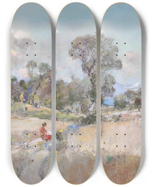 Triptych art skateboard deck of Giuseppe Casciaro Paesaggio by Giuseppe Casciaro (1861-1945)