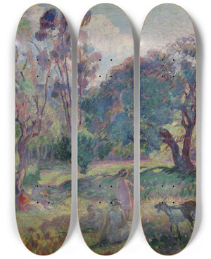 Triptych art skateboard deck of Henri Lebasque Le Repos Sous Les Arbres by Henri Lebasque (1865-1937)