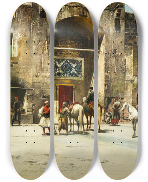 Triptych art skateboard deck of Victor Huguet The Halt Of The Caravan by Victor Huguet (1835-1902)