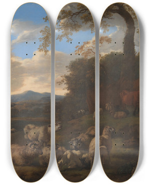Triptych art skateboard deck of Jacob Van Der Does The Flock Of Sheep by Jacob van der Does (1623-1673)
