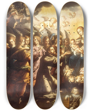 Triptych art skateboard deck of Jos Jurez The Appearance Of The Virgin And Child To Saint Francis by Jose Juarez (1617-1661)