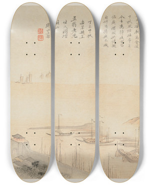 Triptych art skateboard deck of Wang Gai Album Of Landscapes Leaf 8 by Wang Gai (1677-1705)
