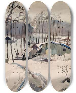 Triptych art skateboard deck of Oskar Laske Winterlandschaft In Pressbaum by Oskar Laske (1874-1951)