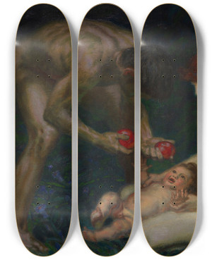 Triptych art skateboard deck of Franz Von Stuck Adam Und Eva Die Familie by Franz Von Stuck (1863-1928)
