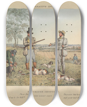 Triptych art skateboard deck of Henry Thomas Alken Partridge Shooters_1 by Henry Thomas Alken (1785-1851)