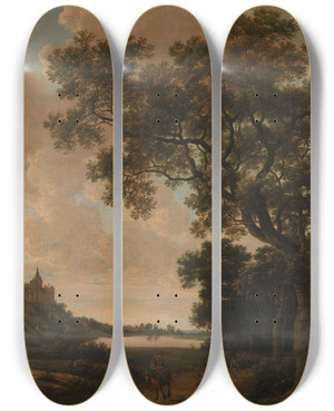 Triptych art skateboard deck of Joris Van Der Haagen Landscape With The Schwanenburg Cleves by Joris van der Haagen (1615-1669)
