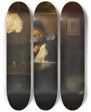 Triptych art skateboard deck of Carl Holse Sewing by Carl Holsoe (1863-1935)
