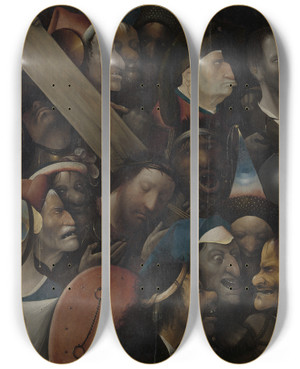 Triptych art skateboard deck of Hieronymus Bosch Christ Carrying The Cross by Hieronymus Bosch (1450-1516)