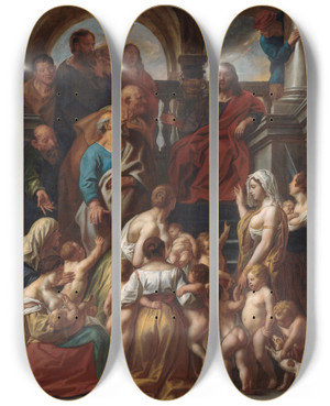 Triptych art skateboard deck of Jacob Jordaens Christ Blessing Little Children Suffer Little Children To Come Unto Me by Jacob Jordaens (1593-1678)