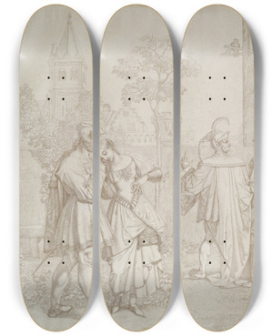 Triptych art skateboard deck of Peter Von Cornelius Drawing For Goethes Faust The Stroll In The Garden by Peter Von Cornelius (1784-1867)