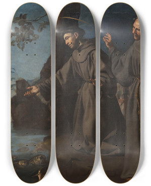 Triptych art skateboard deck of Francisco Herrera The Elder St Anthony Preaching To The Fishes by Francisco Herrera The Elder (1576-1656)