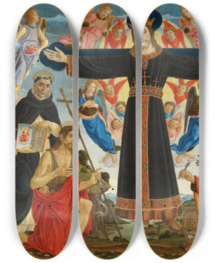 Triptych art skateboard deck of Master Of The Fiesole Epiphany Christ On The Cross With Saints Vincent Ferrer John The Baptist Mark And Antoninus by Master Of The Fiesole Epiphany (1491-1495)