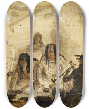 Triptych art skateboard deck of Alfred Jacob Miller Indian Hospitality Conversing With Signs by Alfred Jacob Miller (1810-1874)