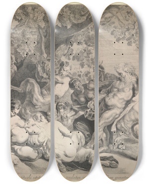 Triptych art skateboard deck of Peter Paul Rubens The Parade Of Silenus by Peter Paul Rubens (1577-1640)