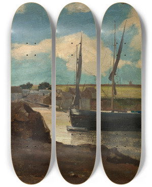 Triptych art skateboard deck of Odilon Redon The Port Of Morgat by Odilon Redon (1840-1916)