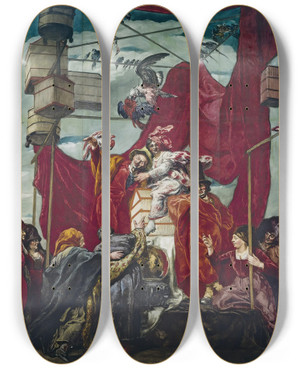 Triptych art skateboard deck of Jos Mara Sert Los Pajareros The Bird Sellers by Jose Maria Sert (1874-1945)