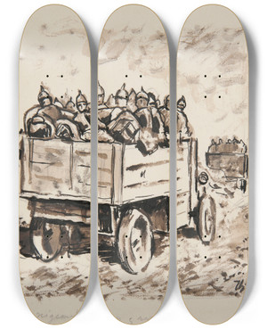 Triptych art skateboard deck of Ivan Ivanec Transport Piechoty Pruskiej Samochodami Ciarowymi by Ivan Ivanec (1893-1946)